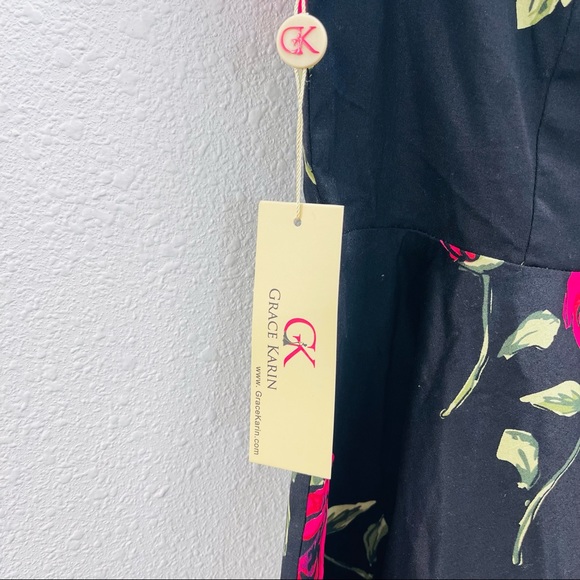 Grace Karin pink roses floral dress in black color scoop neck bouffant circular - Picture 7 of 7